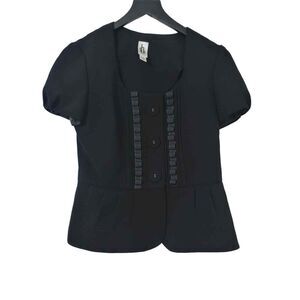 Sunhee Jacket 6P Black Button Up Short Sleeve Scoop Neck Peplum Blazer Evening